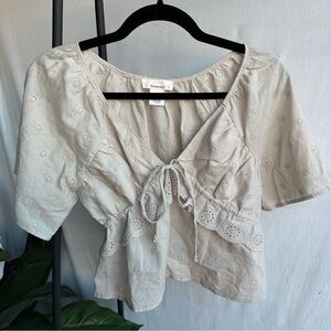 URBAN Romantics Beige Eyelet Tie-Front Top